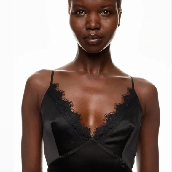 L'AGENCE Black Silk Gown with Lace Edging